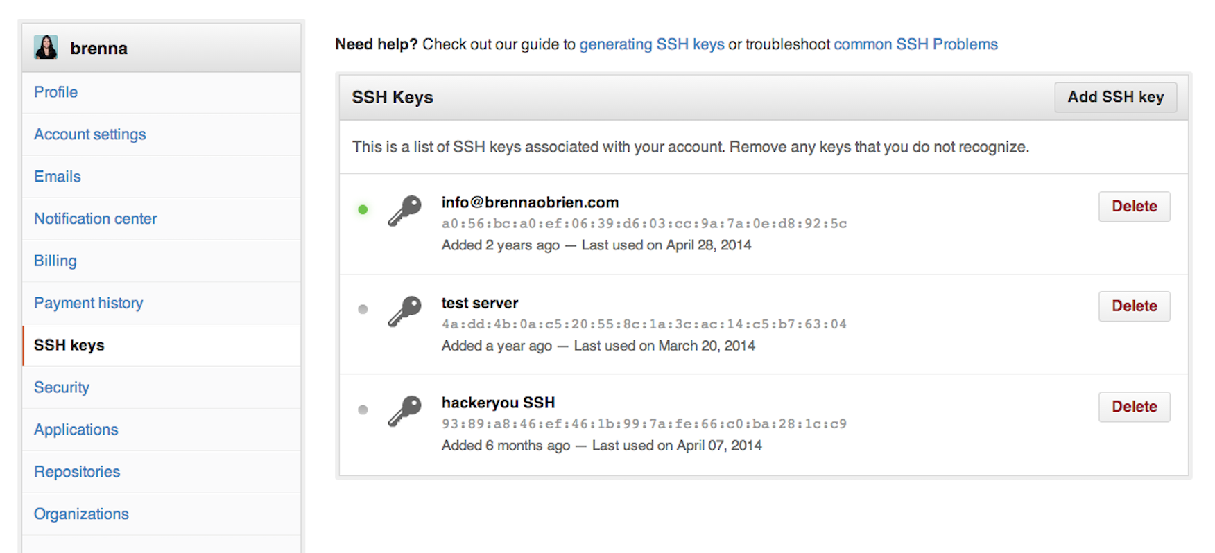 GitHub SSH Keys panel